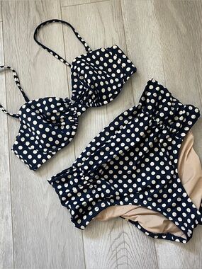 J.Crew Swim Bikini polka dot high rise womens Navy Blue (size 34b xsmall) beach